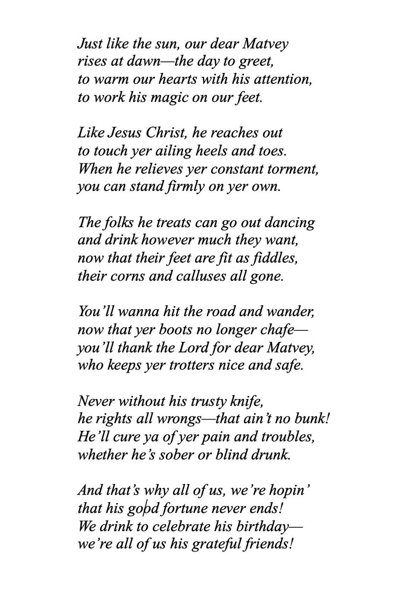 Any day translating <a href="/AKurkov/">Andrei Kurkov</a> is a good day, but when he inserts a versified drunken toast into a novel, I know I’m in for a special treat. Enjoy this birthday poem for a villainous chiropodist, commissioned by his henchman at a Kyivan bathhouse.