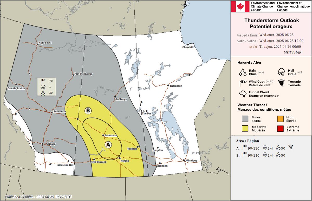 ECCCWeatherAB's tweet image. There is the risk of thunderstorms across Alberta today, with the best chance for severe storms in east central AB near the Sask border. The main threats with these storms will be large hail and damaging winds, but there is the slight risk of a tornado. #abstorm