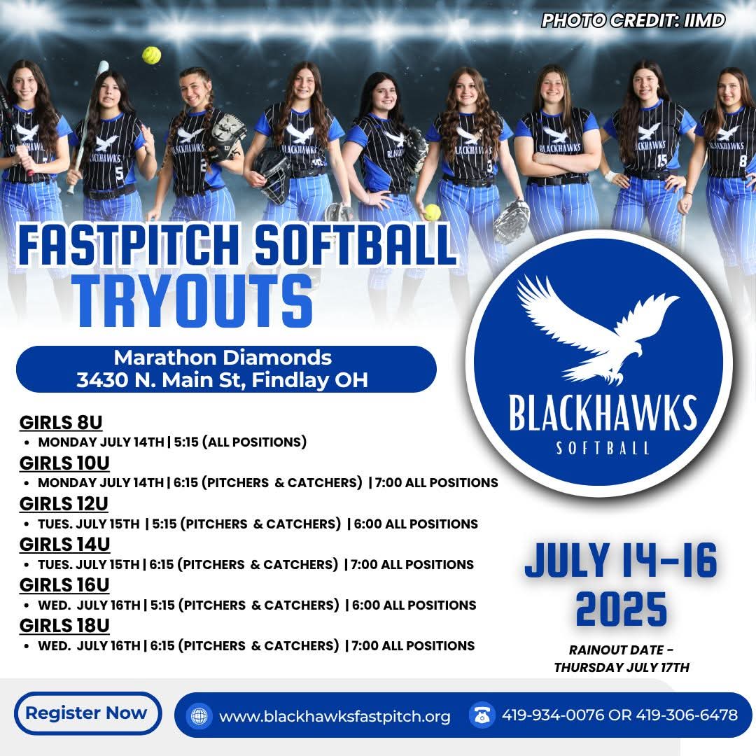 ericdeken's tweet photo. Blackhawks Fastpitch Softball 2025-2026 tryouts are set for July 14-16, 2025, at Marathon Diamonds in Findlay, OH. Times/Dates are posted below.  👇🥎🦅

I'm looking specifically at 16U as @BlackhawksStorm will age up in the fall! 

REGISTER HERE --> https://t.co/RymMzy1orp https://t.co/MJbOJTf0LA