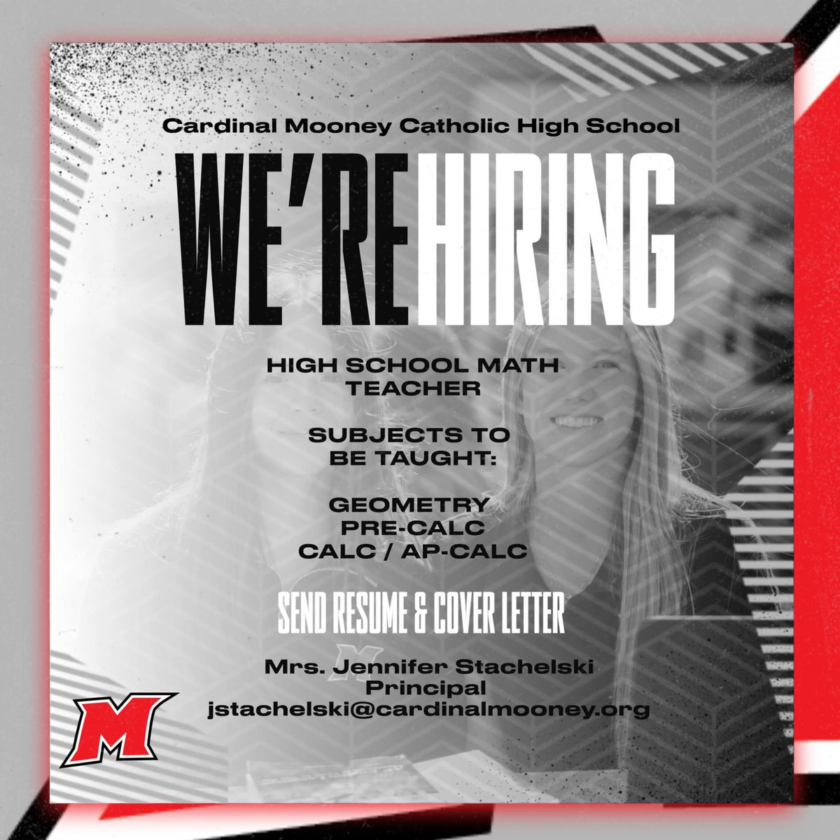 CardinalMooneyC's tweet image. Cardinal Mooney Catholic High School is hiring! Qualified candidates should send a resume and cover letter to Mrs. Stachelski at jstachelski@cardinalmooney.org