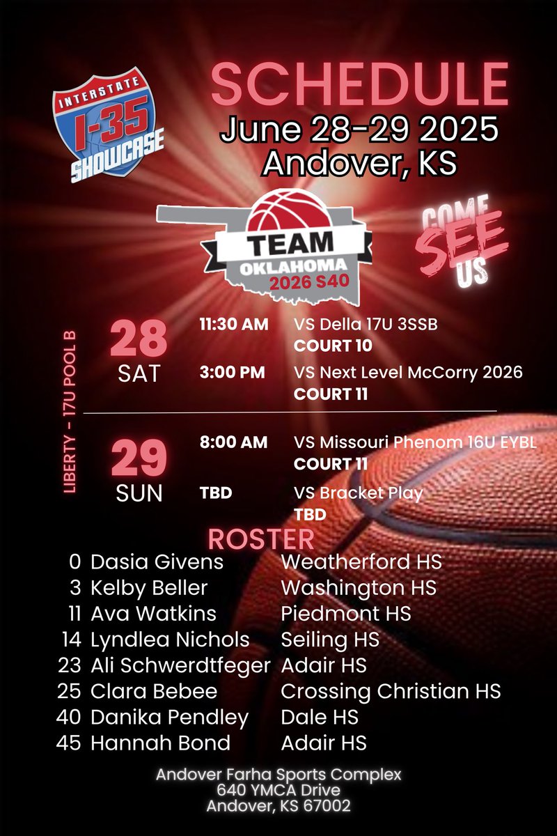 Hannah Bond (@hannahbond2026) on Twitter photo Here is our schedule for this weekend at the <a href="/I35Showcase_GBB/">I-35 Showcase GBB</a>
in Andover KS! We are going playing some tough competition!
<a href="/AliJo_23/">Ali Schwerdtfeger</a>
<a href="/KelbyBeller/">Kelby Beller</a>
<a href="/dasia_givens/">Dasia Givens</a>
<a href="/ClaraBebee/">Clara Bebee</a>
<a href="/avawatkins_11/">Ava Watkins</a>
<a href="/lyndlea_n/">Lyndlea Nichols</a>
<a href="/Danika_34/">Danika</a>
<a href="/Radomski14/">Jason Radomski</a>
<a href="/TeamOKGirlsBB/">Team Oklahoma Girls Basketball</a>
<a href="/Coach_Ferg/">Keith Ferguson</a>
<a href="/PGHOklahoma/">Prep Girls Hoops Oklahoma</a>
<a href="/OKHoopsReport/">OKHoopsVideo</a> Here is our schedule for this weekend at the <a href="/I35Showcase_GBB/">I-35 Showcase GBB</a>
in Andover KS! We are going playing some tough competition!
<a href="/AliJo_23/">Ali Schwerdtfeger</a>
<a href="/KelbyBeller/">Kelby Beller</a>
<a href="/dasia_givens/">Dasia Givens</a>
<a href="/ClaraBebee/">Clara Bebee</a>
<a href="/avawatkins_11/">Ava Watkins</a>
<a href="/lyndlea_n/">Lyndlea Nichols</a>
<a href="/Danika_34/">Danika</a>
<a href="/Radomski14/">Jason Radomski</a>
<a href="/TeamOKGirlsBB/">Team Oklahoma Girls Basketball</a>
<a href="/Coach_Ferg/">Keith Ferguson</a>
<a href="/PGHOklahoma/">Prep Girls Hoops Oklahoma</a>
<a href="/OKHoopsReport/">OKHoopsVideo</a>