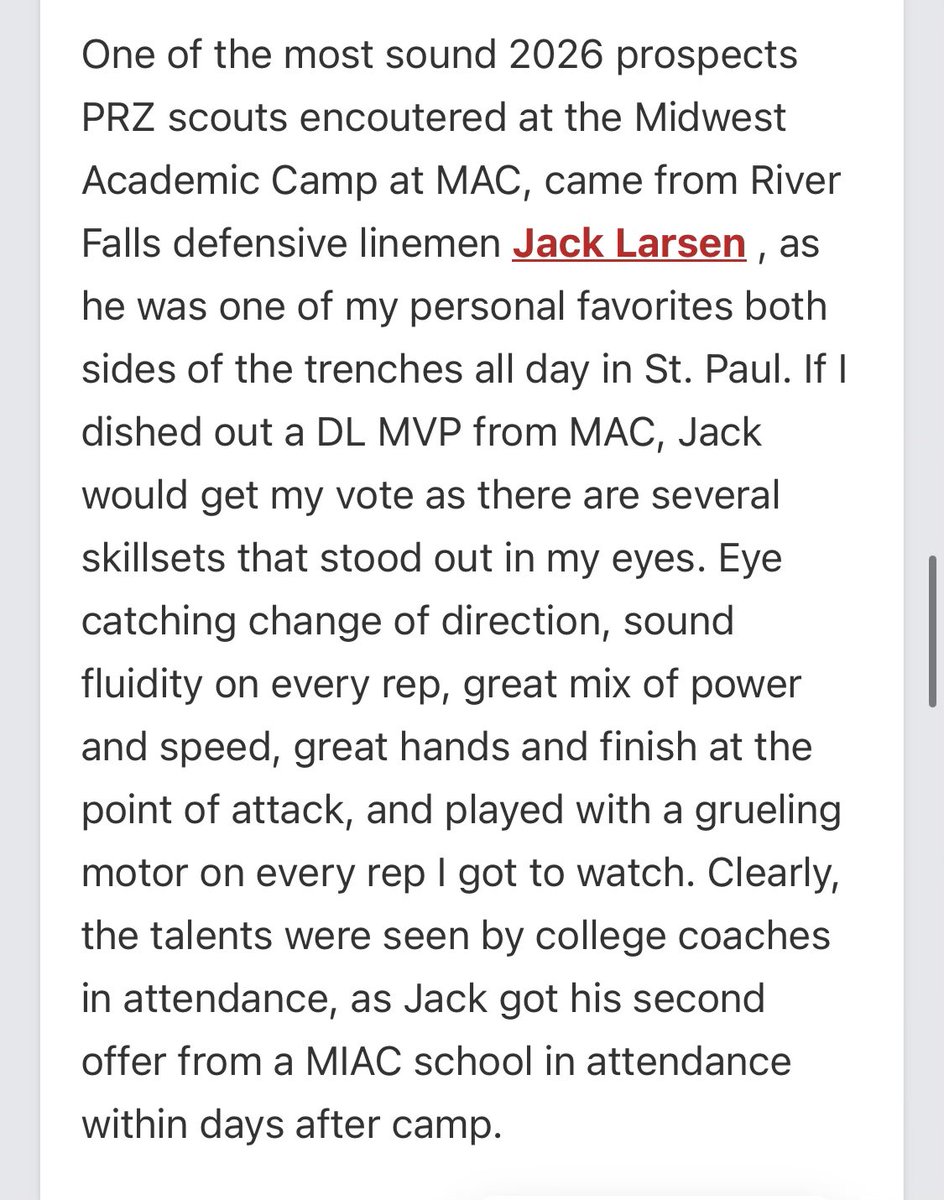 jacklarsen08's tweet image. Thank you @NWahlScouting for the mention as a top performer at the Macalester Academic Camp!
@OJW_Scouting @MJ_NFLDraft @PrepRedzoneWI