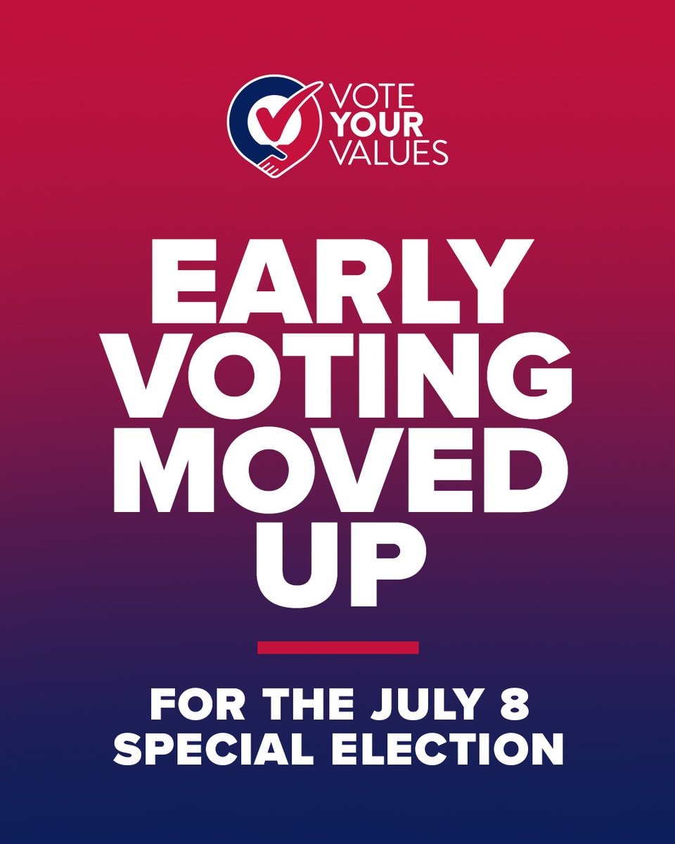 Due to early voting coinciding with Independence Day on July 4, 2025, the Secretary of the State Election Board has moved early voting for the July 8, 2025 election to Wednesday, July 2 and Thursday, July 3 (8 a.m. - 6 p.m.).

Visit voteyourvaluesok.com for more info.
