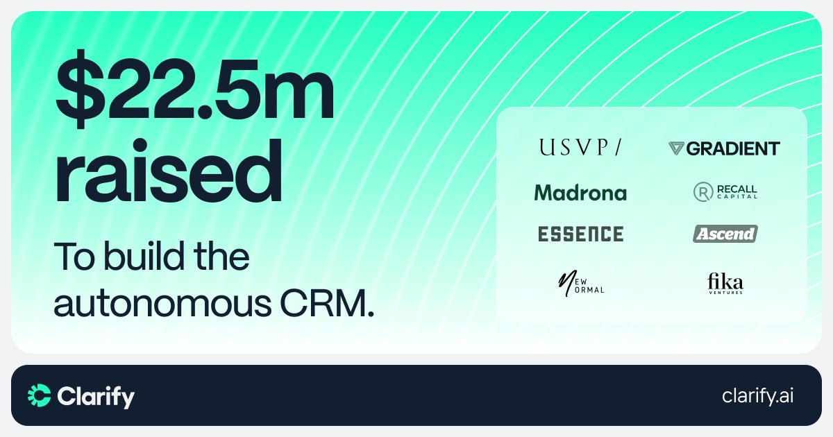 patrickt010's tweet image. Thrilled to announce that Clarify has raised $22.5m from @USVP_ , @GradientVC , @MadronaVentures and other fantastic partners. 

Additionally, we removed the waitlist, and it&apos;s now available for anyone to try at clarify.ai