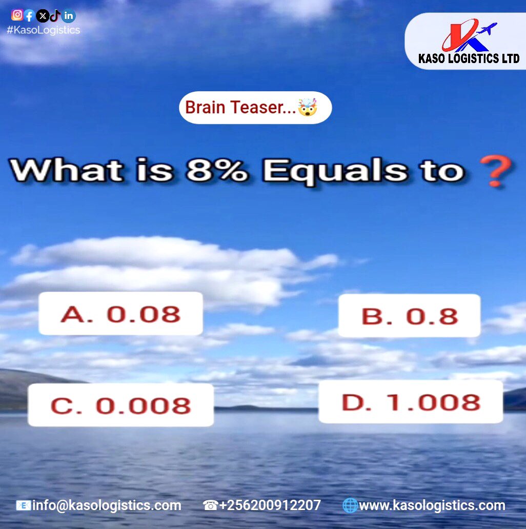 kaso_logistics's tweet photo. What is 8% equals to?

🌐https://t.co/QSYwLqx6Vu 

#BrainTeaser #MindBend #KasoLogistics #ThinkSmart #IQTest https://t.co/qFYy5Wq2AR