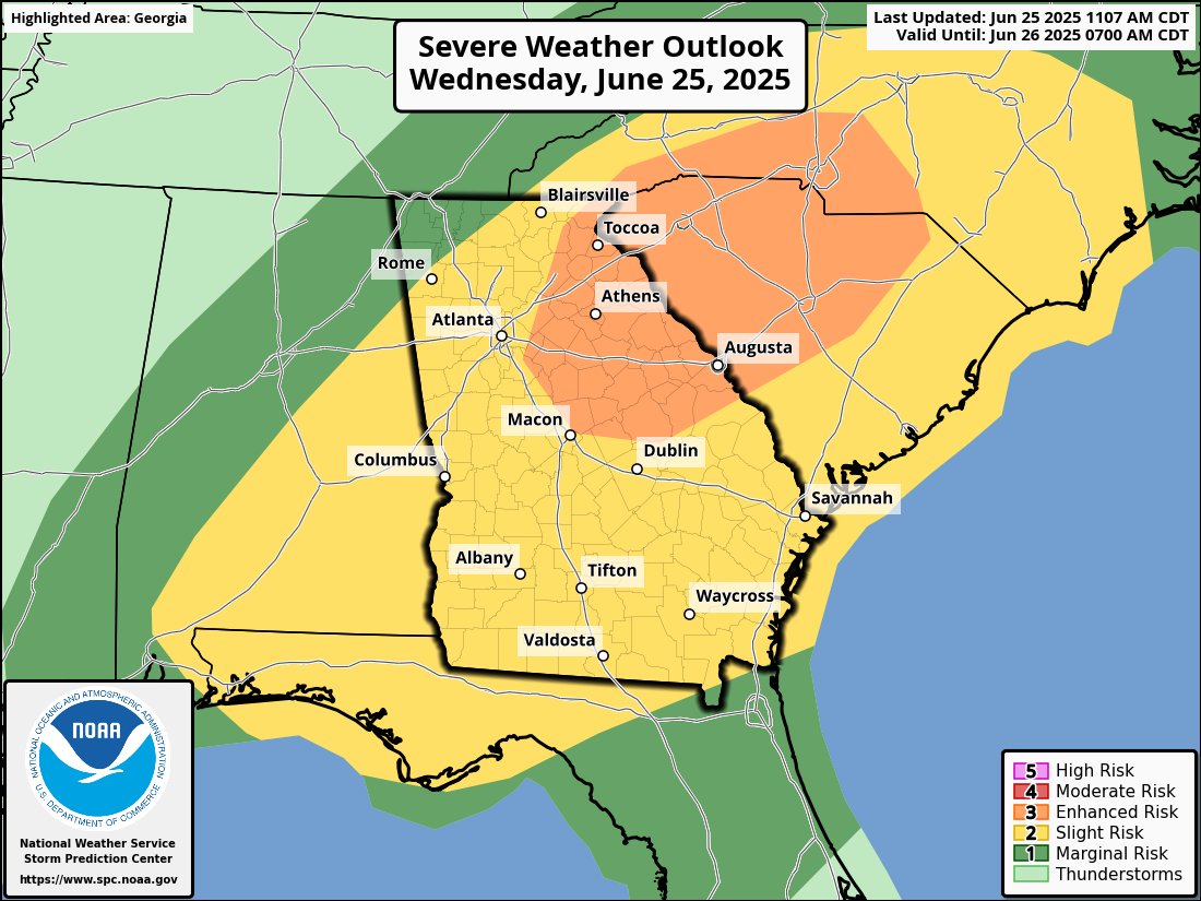 GEMA/HS (@georgiaemahs) on Twitter photo The Storm Prediction Center has placed much of East-Central and Northeast Georgia in an Enhanced Risk and most of the rest of Georgia in a Slight Risk for severe weather tonight. Make sure you can receive weather alerts while asleep. Stay tuned to updates from your local <a href="/NWS/">National Weather Service</a>. The Storm Prediction Center has placed much of East-Central and Northeast Georgia in an Enhanced Risk and most of the rest of Georgia in a Slight Risk for severe weather tonight. Make sure you can receive weather alerts while asleep. Stay tuned to updates from your local <a href="/NWS/">National Weather Service</a>.