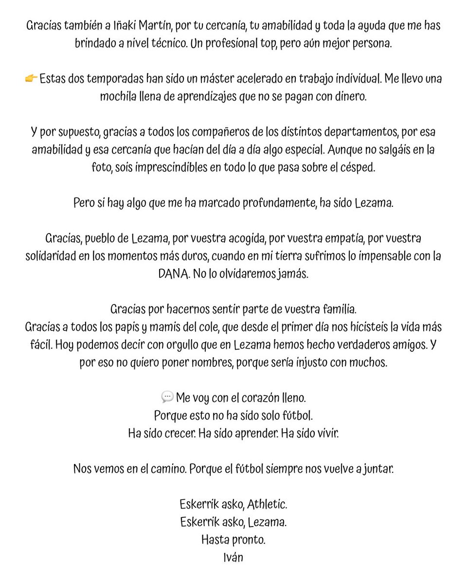 ⚽💔 Hasta pronto, Athletic. Hasta siempre, Lezama.

Una etapa que me ha marcado para siempre. 

Dos temporadas intensas llenas de aprendizaje, personas y emociones que no caben en una sola foto (ni en diez)

Eskerrik asko por tanto.
Nos volveremos a encontrar en el camino.

Iván