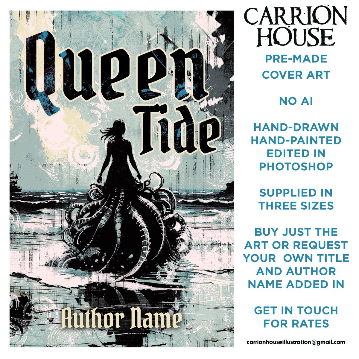 Pre-made Carrion House covers! This design is called ‘Queen Tide,’ once someone buys it, it’s gone and theirs to do whatever they like with.

carrionhouse.com/pages/pre-made…

#coverartist #bookcover #bookcoverdesign #illustration #illustrator #fantasy #premadecover #eldritch #fantasyart