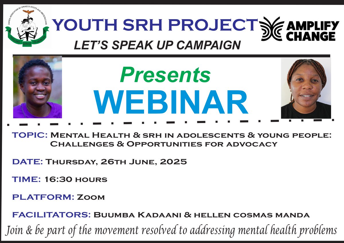 WEBINAR
Join us as we discuss an important health topic: Mental Health &amp; Sexual and Reproductive Health (SRH) in Adolescents &amp; Young People.
Date: Thursday, 26th June 2025
Time: 16:30 – 17:30 hours
Platform: Zoom
Be part of the discussion!
#Mentalhealth
#Adolescenthealth