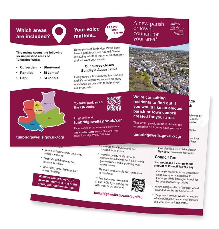 The Community Governance Review considers how Culverden, Pantiles, Park, Sherwood, St James’ and St John’s should be represented. Currently they do not have a parish/town council, should they? 
We’re delivering leaflets to all homes in the six areas. Look out for yours!