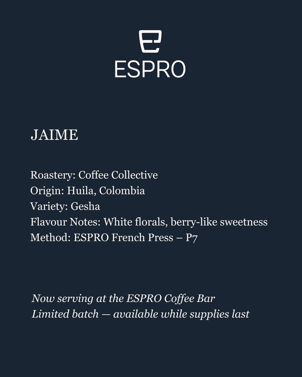 espro's tweet image. Jaime Gesha A rare, limited batch from the highlands of Huila, Colombia — floral, sweet, and unforgettable. Now brewing at the ESPRO Coffee Bar.  2102 Queen Street, Toronto
Available while supplies last.
#ESPROCoffeeBar #BrewedAtESPRO #ESPRO