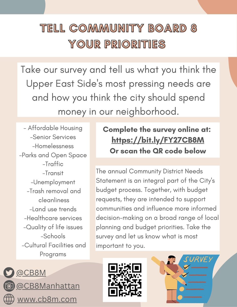 CB8M's tweet image. We want to hear from you! Each year Community Boards tell the city how we think your tax dollars should be spent. Tell us what you want the city to prioritize by completing our very short survey.
bit.ly/FY27CB8M