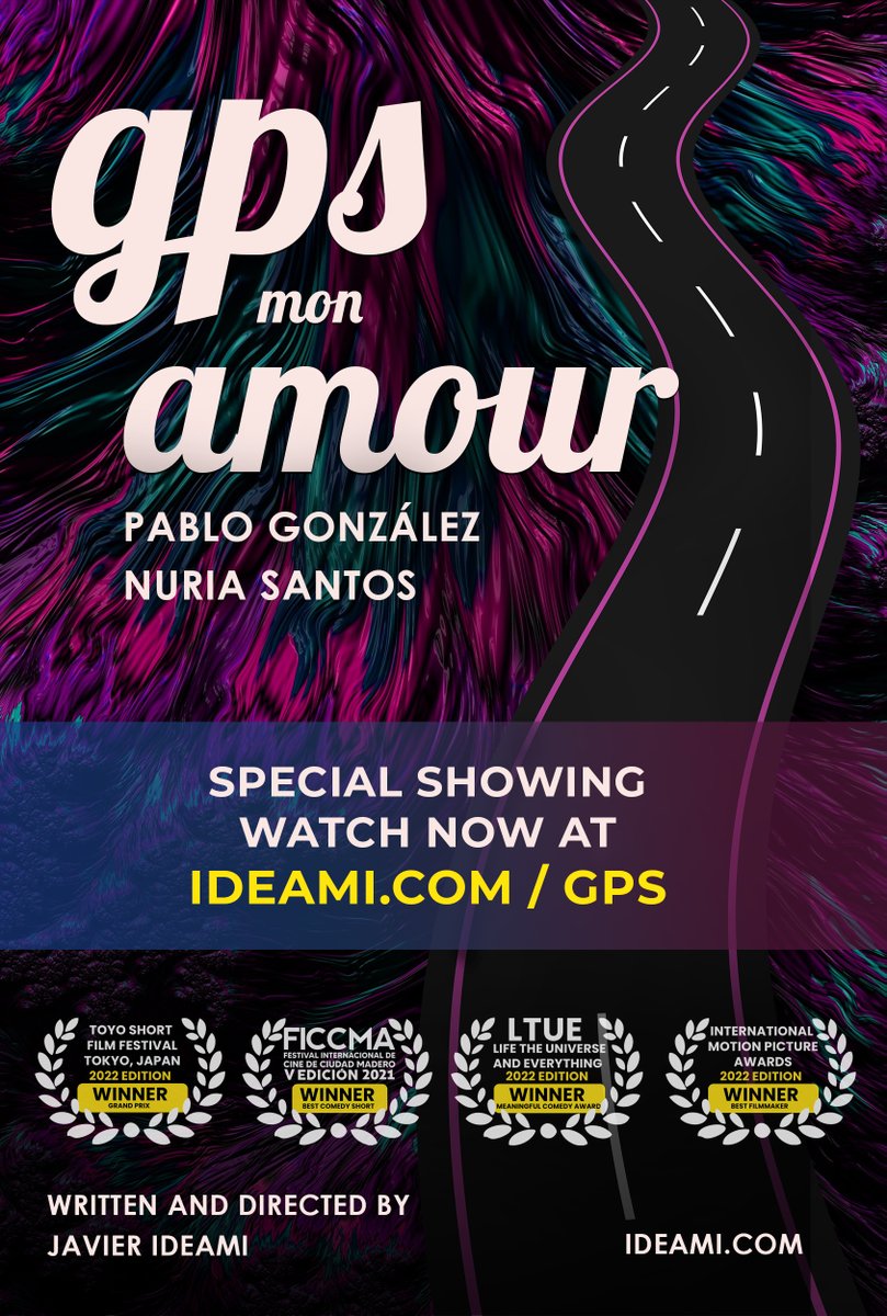 Special showing of our award winning comedy movie "GPS Mon Amour" with Pablo González and Nuria Santos, its awards include Best Comedy Short at FICCMA, Grand Prix at Toyo Fest in Japan and Meaningful Comedy Award at LTUE Fest, watch it at 
ideami.com/gps