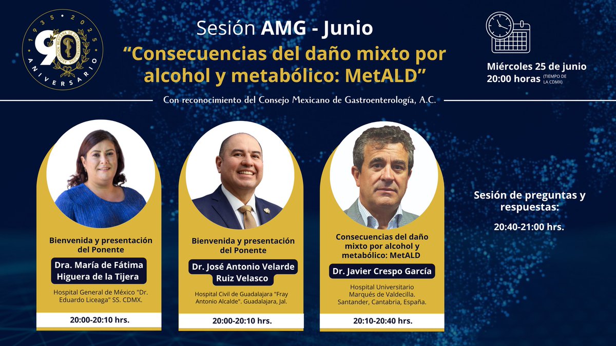 ⭕️ ¡HOY! ⭕️

🗓 Miércoles 25 de junio 🕗 20:00 h (Tiempo CDMX)

🟡 Si ya eres socio, ¡ya no necesitas inscribirte como antes! Solo inicia sesión con tu acceso único a la plataforma de la AMG.
sesiones.gastro.org.mx/login/?redirec…

🟠 Si no eres socio, inicia sesión con tus datos de registro en