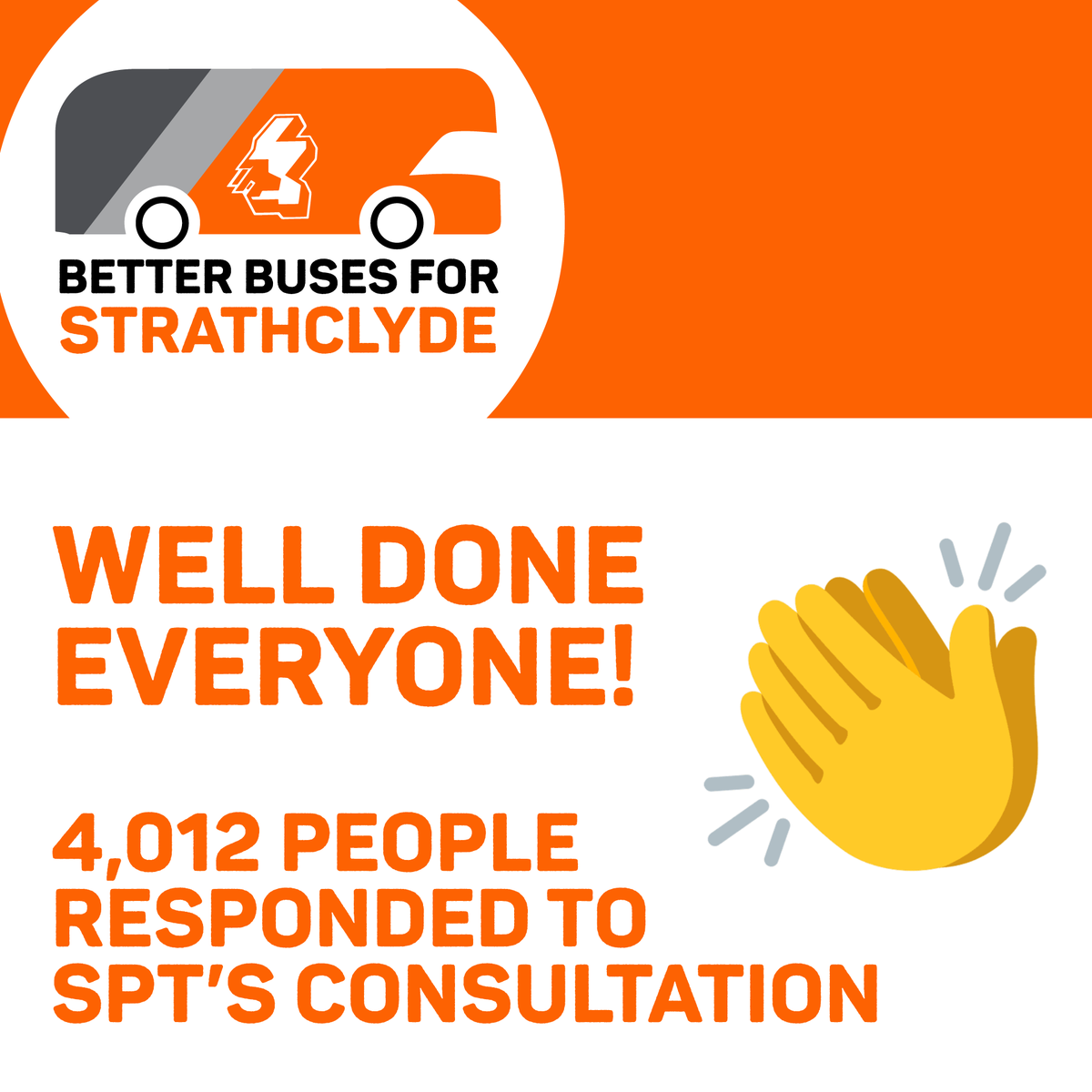 Better Buses for Strathclyde (@betterbusesspt) on Twitter photo Well done everyone!๐
4,012 people took part in <a href="/SPTcorporate/">SPTCorporate</a>'s consultation on plans to bring our bus network back into public control๐
Join us in September when the plans get final approval! ๐
๐ขBetter Buses Rally
๐๏ธFriday 19 Sept, 9:30am
๐SPT Offices, 131 St Vincent St Well done everyone!๐
4,012 people took part in <a href="/SPTcorporate/">SPTCorporate</a>'s consultation on plans to bring our bus network back into public control๐
Join us in September when the plans get final approval! ๐
๐ขBetter Buses Rally
๐๏ธFriday 19 Sept, 9:30am
๐SPT Offices, 131 St Vincent St