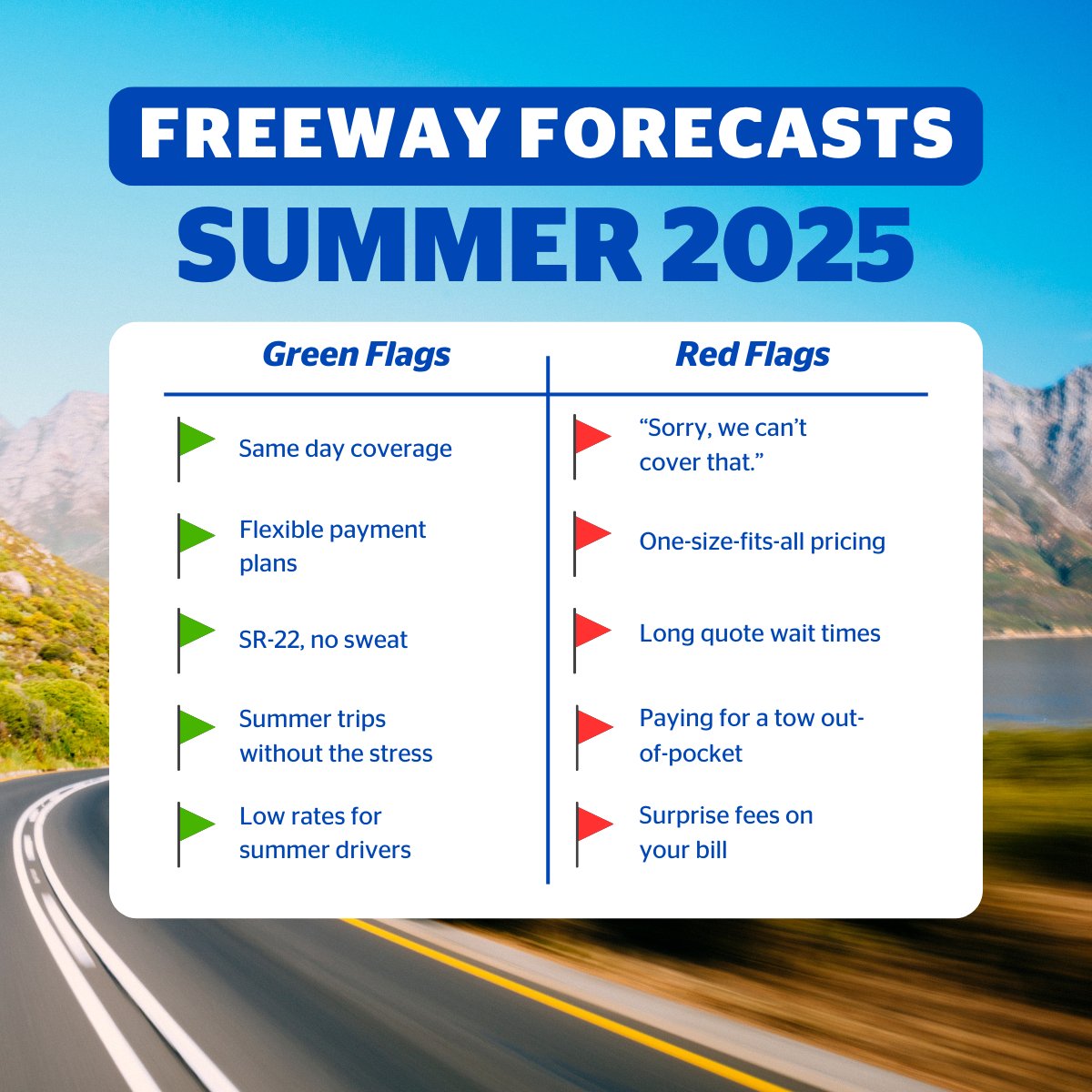 Freeway_Ins's tweet image. Summer drivers, watch for these insurance green flags... and avoid the 🚩. #FreewayInsurance #SummerSavings #GreenFlags #RedFlags