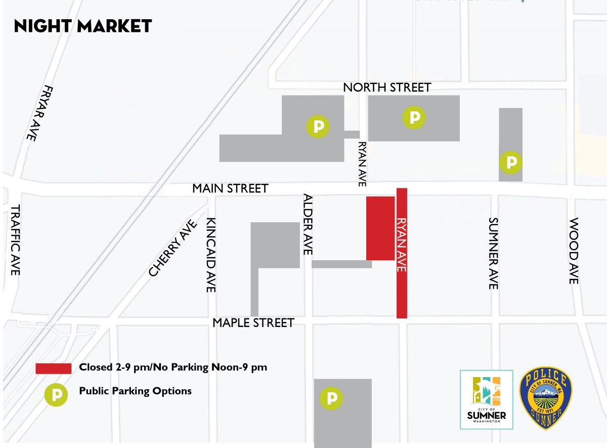 Tonight starts the Sumner Night Market, held Wednesdays through summer, 5-8 pm in Downtown Sumner. 
This event uses the Main Street lot (next to Trackside Pizza) and Ryan Ave between Maple &amp; Main. No parking in those areas begins at Noon with closures  2-9 pm.