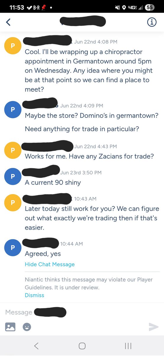 gjbender1's tweet photo. @NianticHelp is your product just that stupid? How in the world does setting up an in person special trade via Campfire, which is your own goddamn app, violate player guidelines? What in the world is wrong with you? https://t.co/komk7oOKB3