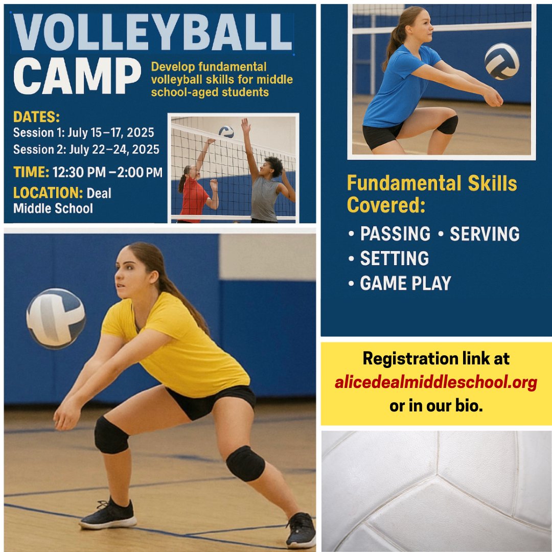 Join us for Volleyball Camp this summer!  Develop or enhance fundamental skills, knowledge, and confidence. All skill levels are welcome! Registration link at alicedealmiddleschool.org or in our bio. #admsherewegrow