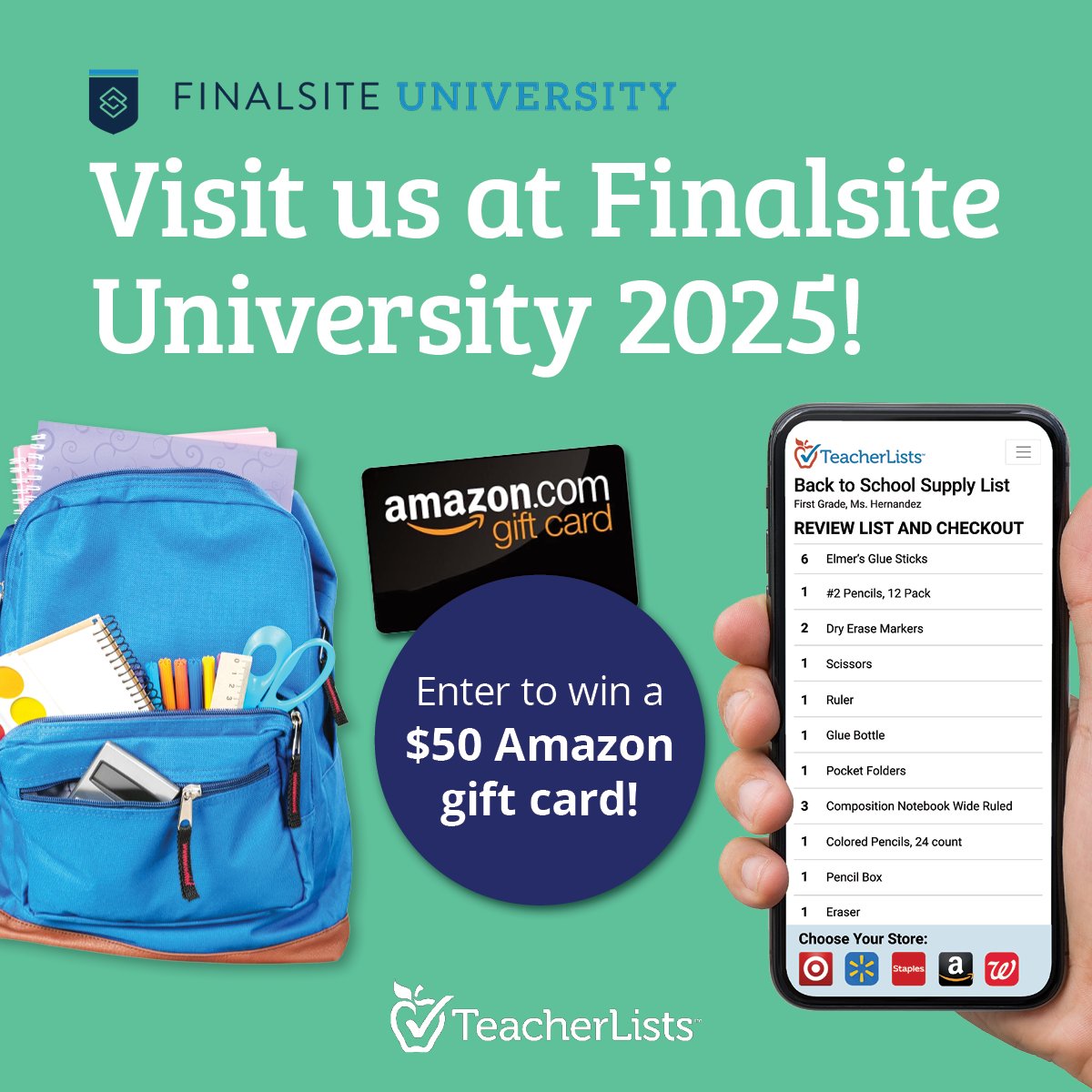 At <a href="/Finalsite/">Finalsite</a> University 2025?

Come visit us and see how we’re making back-to-school supply lists easier for schools and families—plus, enter to win an Amazon gift card! 

Let’s connect and simplify school communications together.
.
. 
#edtech #schoolcommunicators