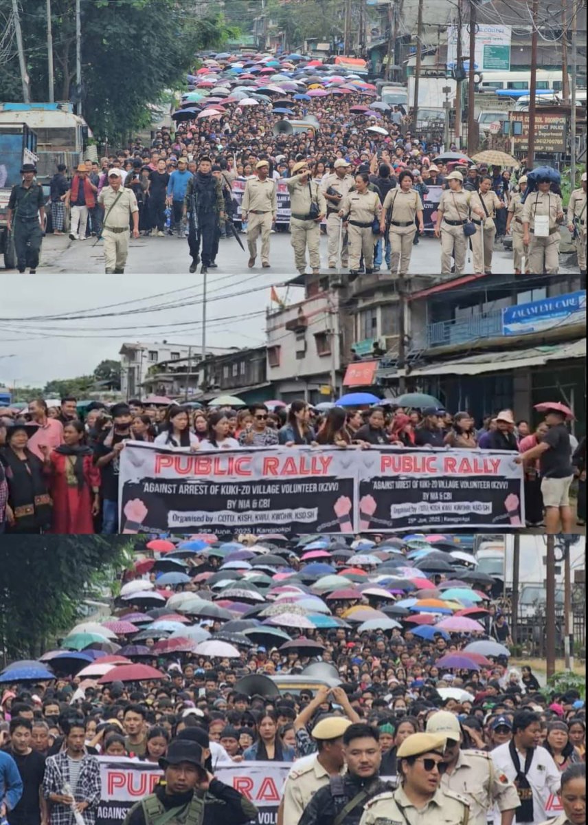 JangminTouthan1's tweet photo. Mass rally held in Kangpokpi  against  arbitrary arrest of kuki_Zo  Leaders,volunteers by the #NIA #CBI while remain a mute spectator on the  Meitei militia leaders who spearheaded arsoning kuki villages, churches &amp; perpetrating heinous crimes against innocent Kukis @NIA_India https://t.co/kHHt0EhTyN