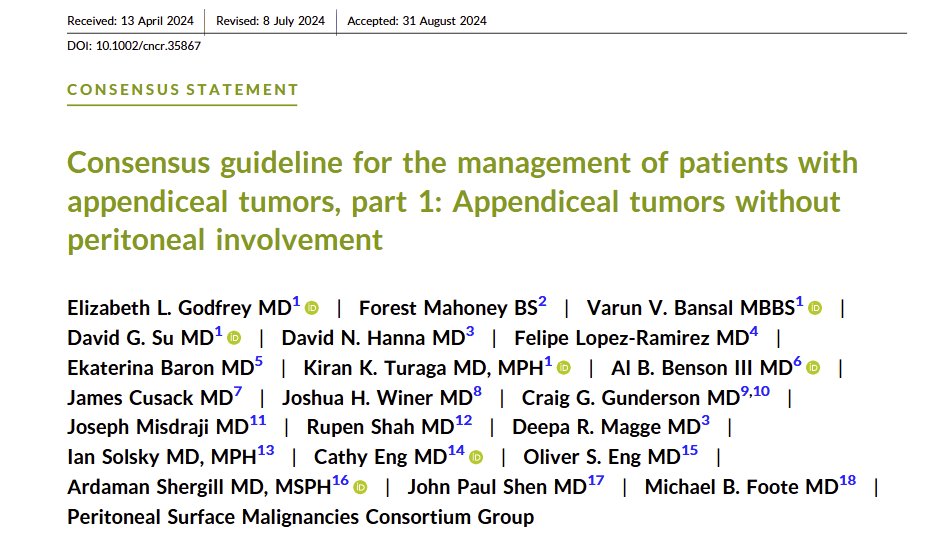 Part 1:  Consensus guideline for the management of patients with appendiceal tumors: Appendiceal tumors without peritoneal involvement - Godfrey - 2025 - Cancer - Wiley Online Library acsjournals.onlinelibrary.wiley.com/doi/10.1002/cn… <a href="/DeepaMagge/">Deepa Magge</a>  <a href="/kturaga/">Kiran Turaga</a> <a href="/ArdamanShergil1/">Ardaman Shergill</a> <a href="/MikeFooteMD/">Mike Foote</a> <a href="/JournalCancer/">ACS Journal Cancer</a>