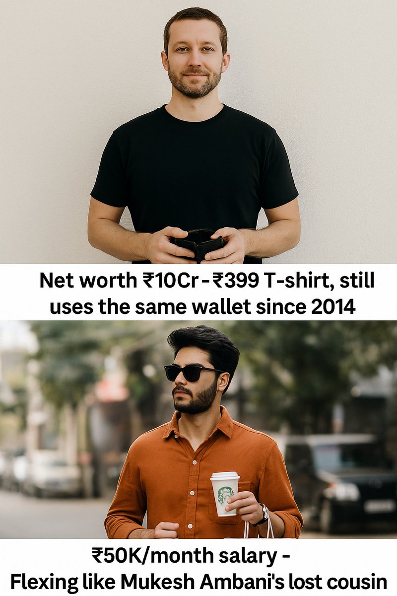 ShashankBhola's tweet image. Millionaire: Looks broke.
Salaried guy: Looks like a millionaire.
Only one of them is sleeping peacefully.
#MoneyMindset #FrugalLiving #MiddleClassTrap #EMIGeneration
#FlexCulture