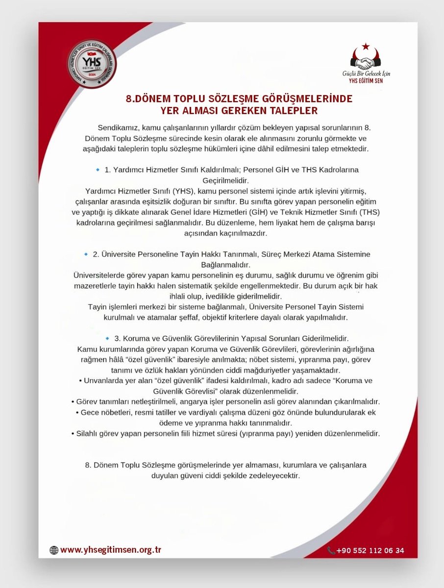 🔹 1. Yardımcı Hizmetler Sınıfı Kaldırılmalı; Personel GİH ve THS Kadrolarına Geçirilmelidir.
Yardımcı Hizmetler Sınıfı (YHS), kamu personel sistemi içinde artık işlevini yitirmiş, çalışanlar arasında eşitsizlik doğuran bir sınıftır. Bu sınıfta görev yapan personelin eğitim ve