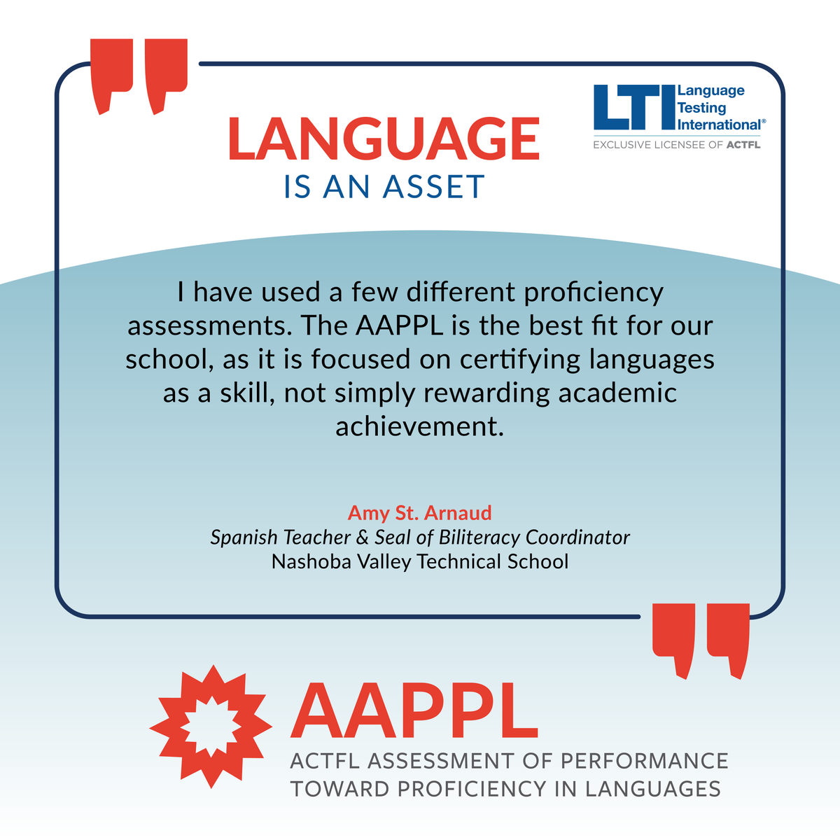 LTILanguageTest's tweet image. #CTE educators like Amy know the value of multilingual skills! That’s why they choose the #AAPPL. It delivers an ACTFL score, a powerful credential, while measuring real-world language abilities students can use in their careers.
#LangChat #ACTFLAssessments