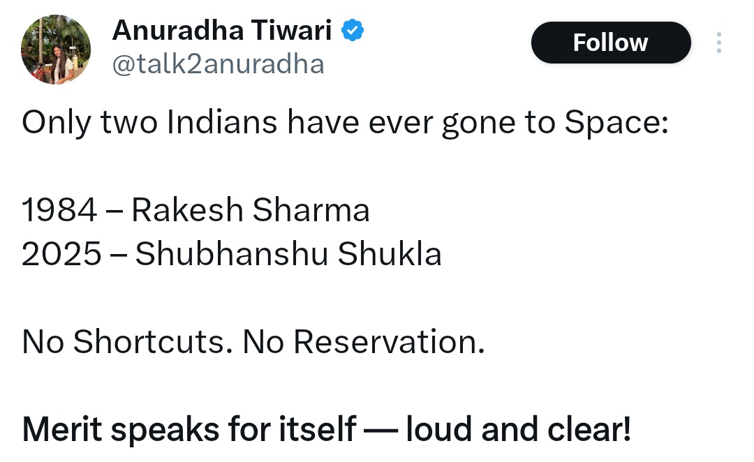 ISRO has officially sent only 2 Indians to space in 75 yrs.
–Rakesh Sharma (1984)
–Shubhanshu Shukla (2025)

Both are Brahmins.
Their population: 3%
Their spaceflight representation: 100%

No SC. No ST. No OBC. No Dalit. No Muslim.

This isn't merit.
But Undeclared Reservation!
