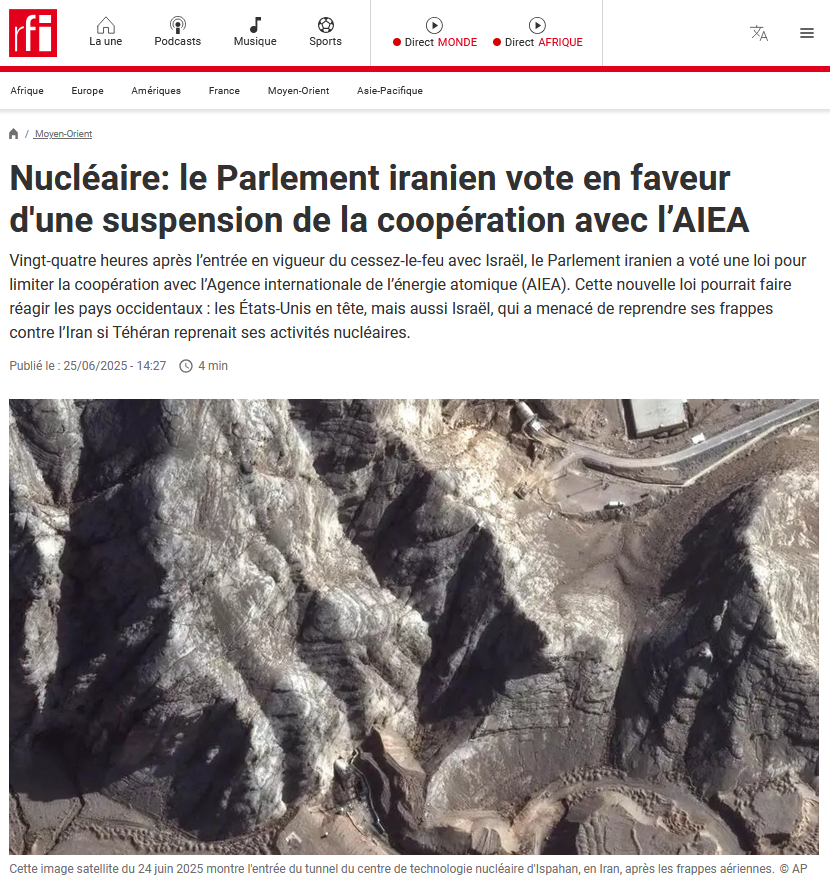 C_A_G0101's tweet photo. 8/8
Et comme attendu suite aux attaques par ๐ฎ๐ฑ๐บ๐ธ, le parlement iranien vient de voter ร l'unanimitรฉ, l'interdiction d'accรจs ร l'AIEA ! ๐ซ
#no_control
Ah ! Il n'y a pas ร dire, quand on n'est pas prรฉvenu, le Trumpisme c'est vraiment impressionnant ๐คก
https://t.co/jaeceCiTVq https://t.co/clbRp3BMGX