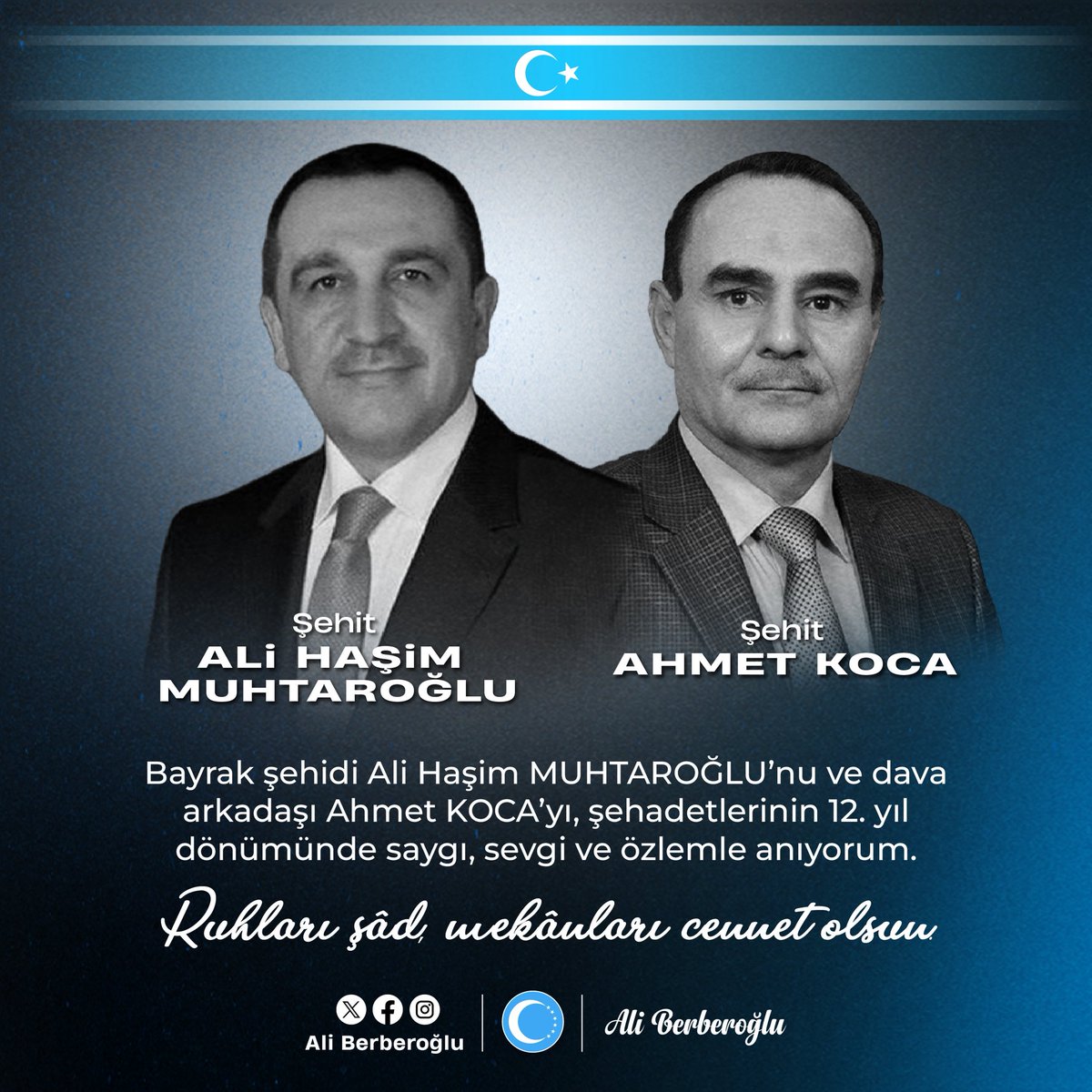 berberoglu_ali's tweet photo. Bayrak şehidi Ali haşim muhtaroğlu’nu ve dava arkadaşı Ahmet koca’yı, şehadetlerinin 12. yıl dönümünde saygı, sevgi ve özlemle anıyorum.

Ruhları şad, mekanları cennet olsun. https://t.co/26k8c1AY95