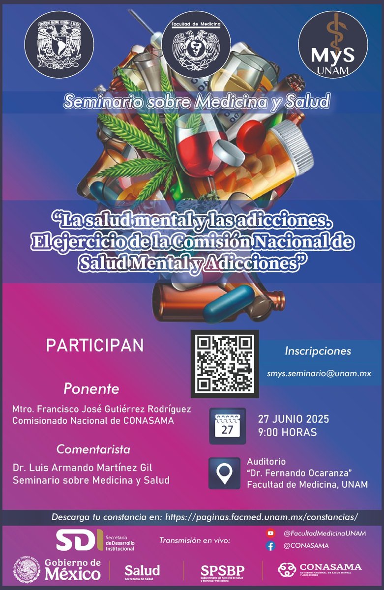 La #CONASAMA te invita a participar en el Seminario sobre Medicina y Salud con el tema:

“La salud mental y las adicciones. El ejercicio de la Comisión Nacional de Salud Mental y Adicciones”

El Mtro. Francisco José Gutiérrez Rodríguez, Comisionado Nacional de Salud Mental y