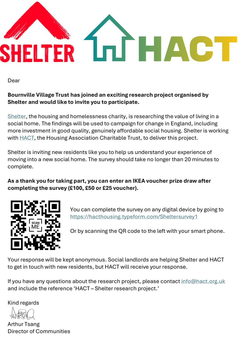 Earlier this year we joined a research project organised by Shelter and the Housing Association Charitable Trust (HACT). We were asking for experience of moving into a new social home. If you would like to take part, you can via hacthousing.typeform.com/Sheltersurvey1 or scan the QR code below.
