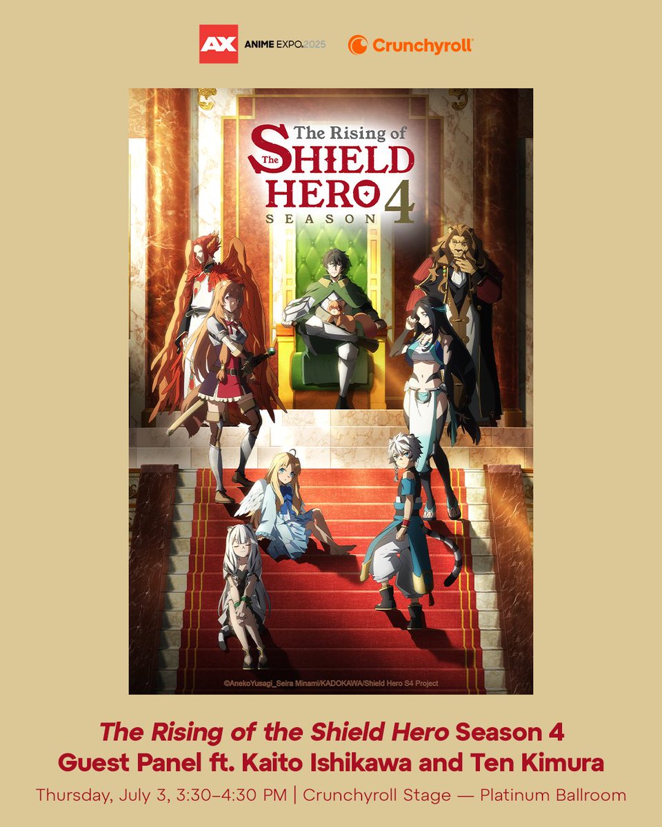 The Shield Hero returns! Don’t miss an exclusive panel featuring Kaito Ishikawa (Japanese voice of Naofumi) and producer Ten Kimura, with behind-the-scenes insights and the world premiere of The Rising of the Shield Hero Season 4 🛡️ #AX2025