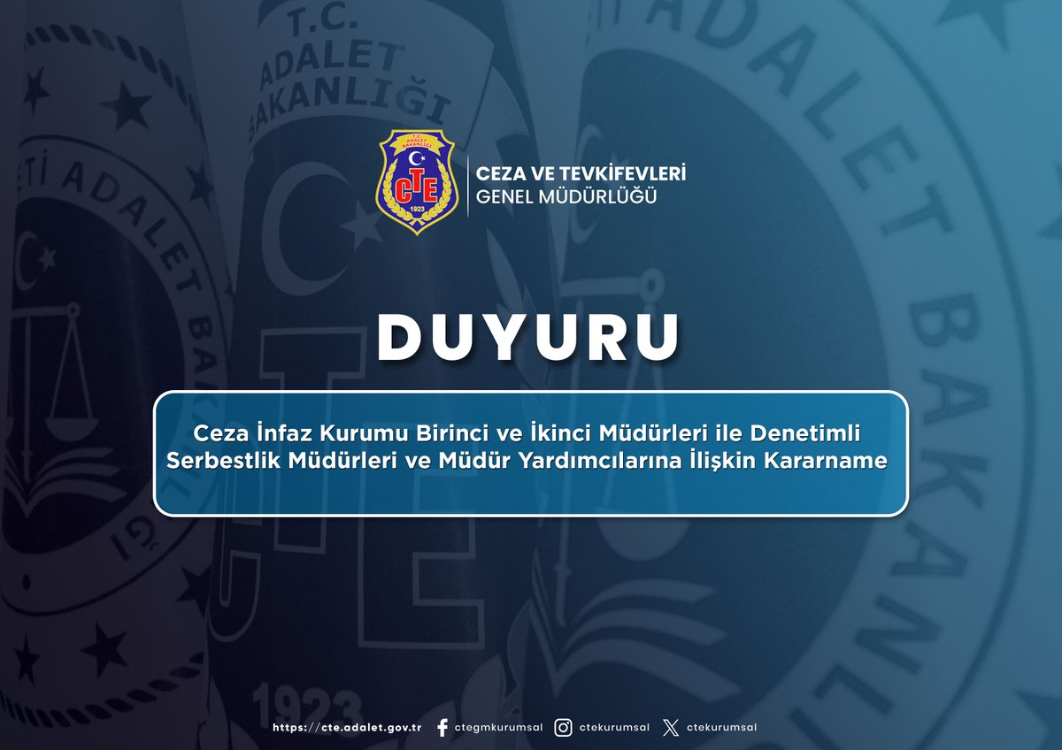 Ceza İnfaz Kurumu Birinci ve İkinci Müdürleri ile Denetimli Serbestlik Müdürleri ve Müdür Yardımcılarına İlişkin Kararname

➡️cte.adalet.gov.tr/Home/SayfaDeta…