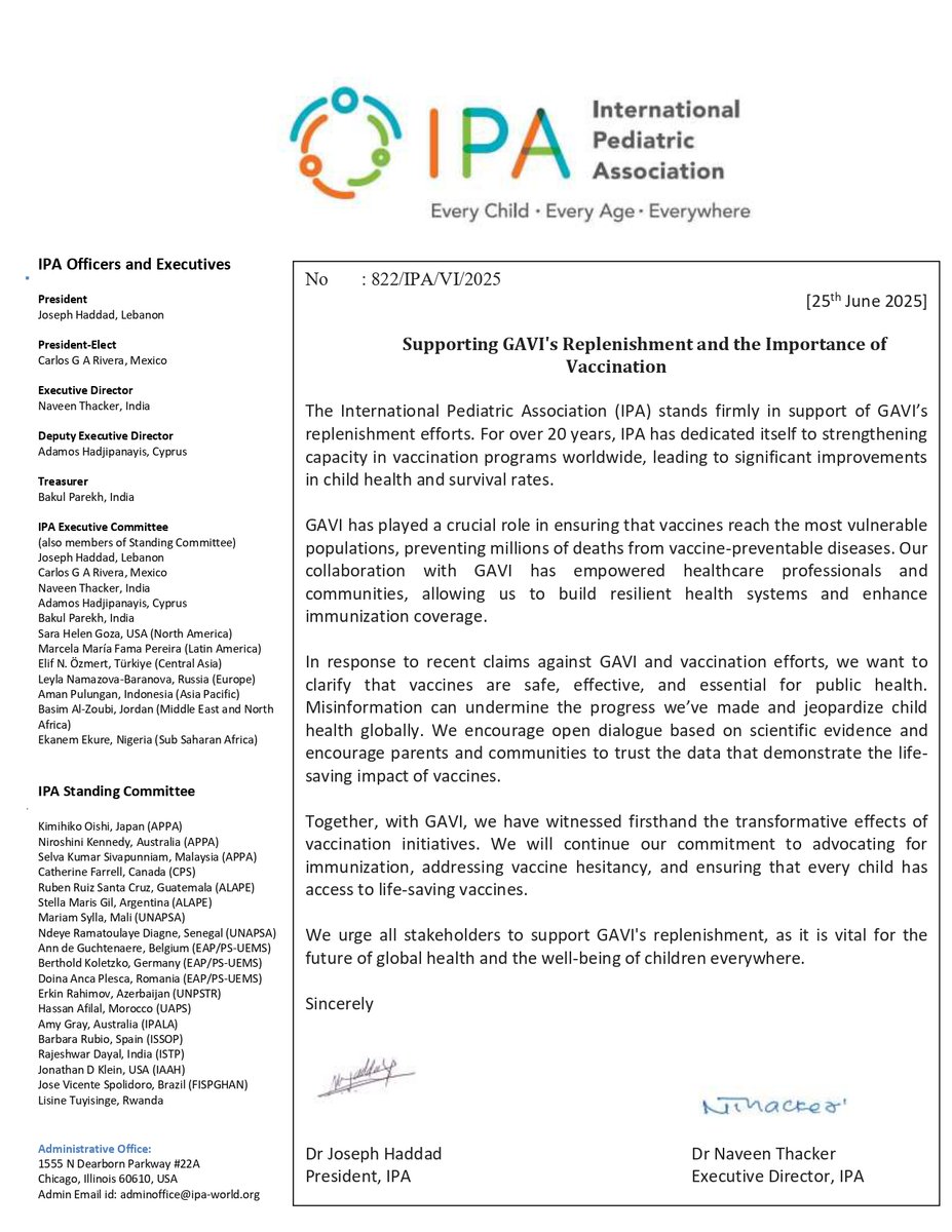 IPAWorldorg's tweet image. The International Pediatric Association stands firmly in support of GAVI's replenishment efforts to ensure every child, everywhere, has access to life-saving vaccines. Vaccination saves lives, builds resilient health systems, and secures a healthier future.
#vaccineswork…