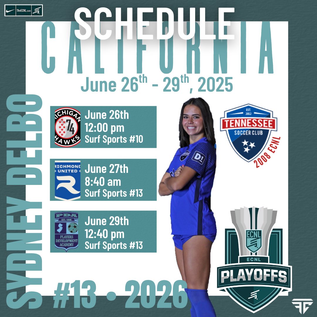 Sydney Delbo (@sydneydelbo) on Twitter photo SAN DIEGO ECNL PLAYOFFS SCHEDULE 🌴🌴🌴
Come out and watch my team compete against some of the best teams in the country!
<a href="/ImYouthSoccer/">ECNL/GA/Recruiting/College Soccer</a> <a href="/ImCollegeSoccer/">College Soccer Truth ™</a> <a href="/ECNLOhioValley/">ECNL Ohio Valley Conference</a>
<a href="/TSCECNL/">Tennessee Soccer Club ECNL</a> <a href="/TSC08GECNL/">TSC 08 Girls ECNL</a> <a href="/TravisFravel/">Travis Fravel</a> <a href="/ECNLgirls/">ECNL Girls</a> SAN DIEGO ECNL PLAYOFFS SCHEDULE 🌴🌴🌴
Come out and watch my team compete against some of the best teams in the country!
<a href="/ImYouthSoccer/">ECNL/GA/Recruiting/College Soccer</a> <a href="/ImCollegeSoccer/">College Soccer Truth ™</a> <a href="/ECNLOhioValley/">ECNL Ohio Valley Conference</a>
<a href="/TSCECNL/">Tennessee Soccer Club ECNL</a> <a href="/TSC08GECNL/">TSC 08 Girls ECNL</a> <a href="/TravisFravel/">Travis Fravel</a> <a href="/ECNLgirls/">ECNL Girls</a>