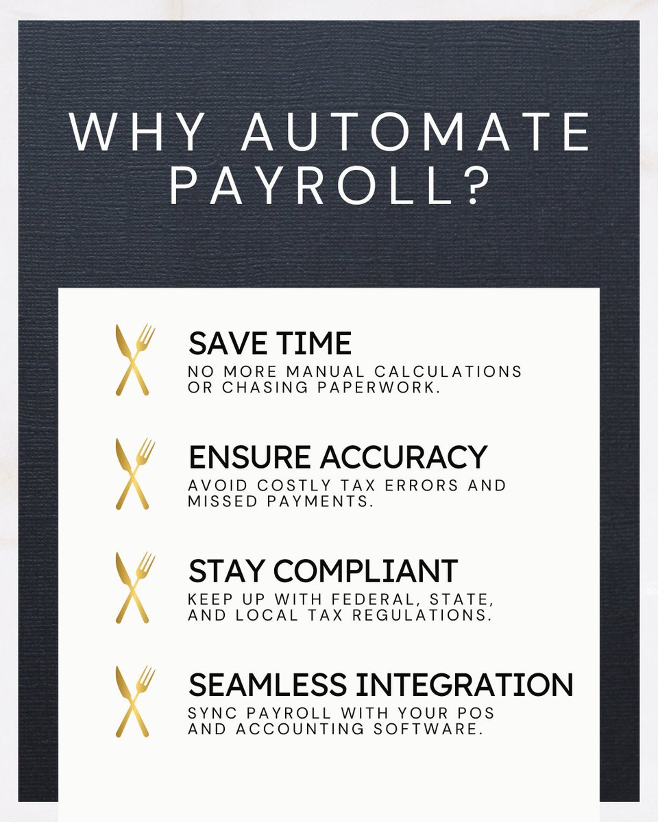 Running a restaurant means juggling staffing, tips, overtime, and compliance—and payroll can get messy FAST. 

Why Automate Payroll?
🔹 Save Time
🔹 Ensure Accuracy
🔹 Stay Compliant
🔹 Seamless Integrations

Ready to ditch payroll headaches? Let’s talk automation! 👇