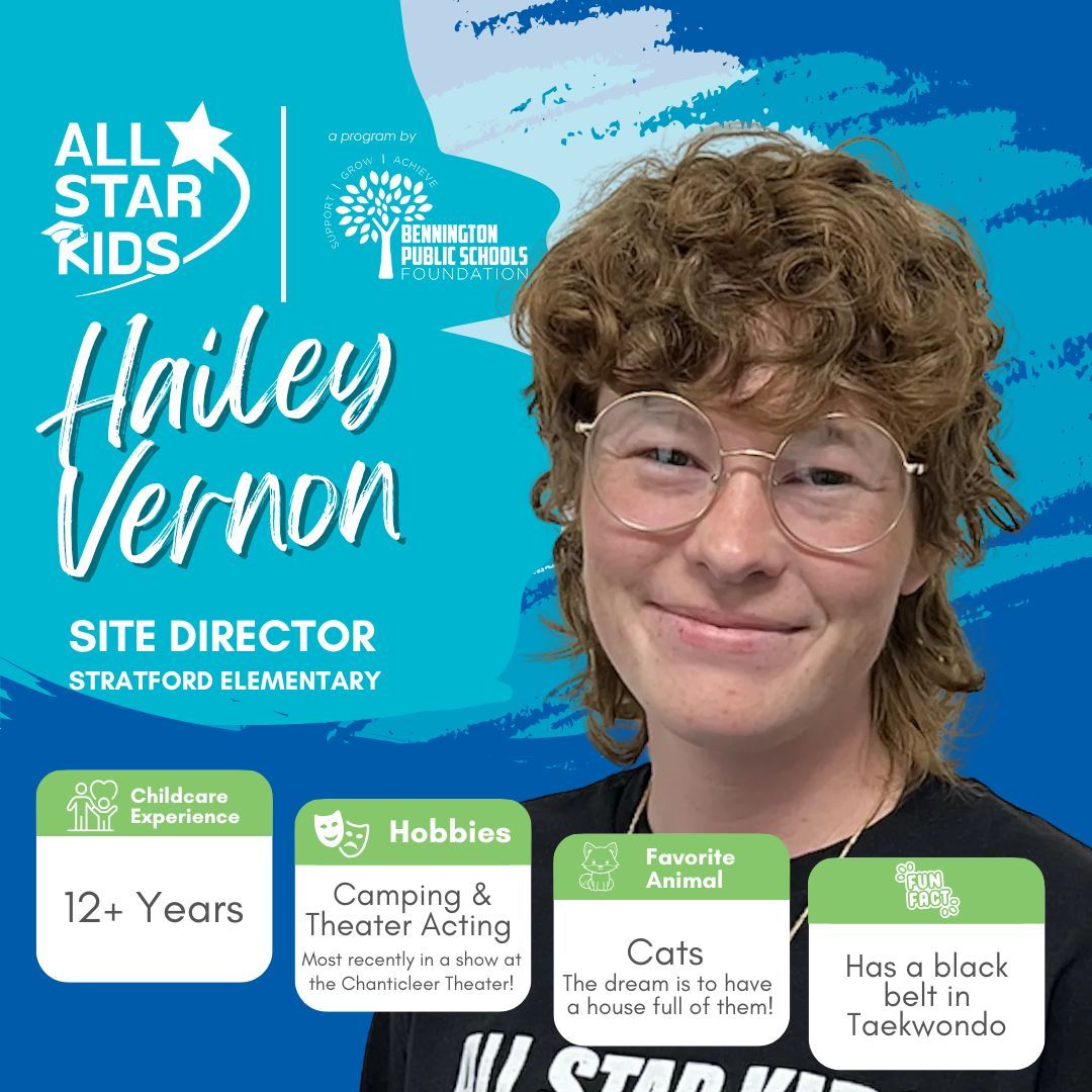 Meet Site Director Hailey Vernon! 🌟

With 12+ years in childcare, she brings energy, creativity, and a passion for helping kids grow. From life skills to art projects, Hailey’s already making a difference at All Star Kids!