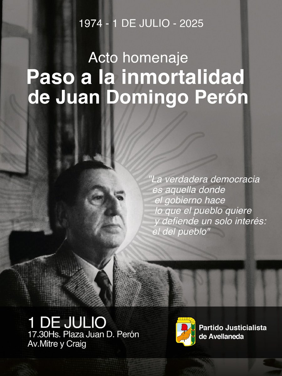 jorgeferraresi's tweet image. Acto homenaje a Juan Domingo Perón ✌🏽

A 51 años de su paso a la inmortalidad, nos encontramos entre compañeros y compañeras, para recordar a nuestro gran conductor.

🗓️ 1 de julio 17.30hs
📍 Av. Mitre y Craig - Plaza Juan D. Perón