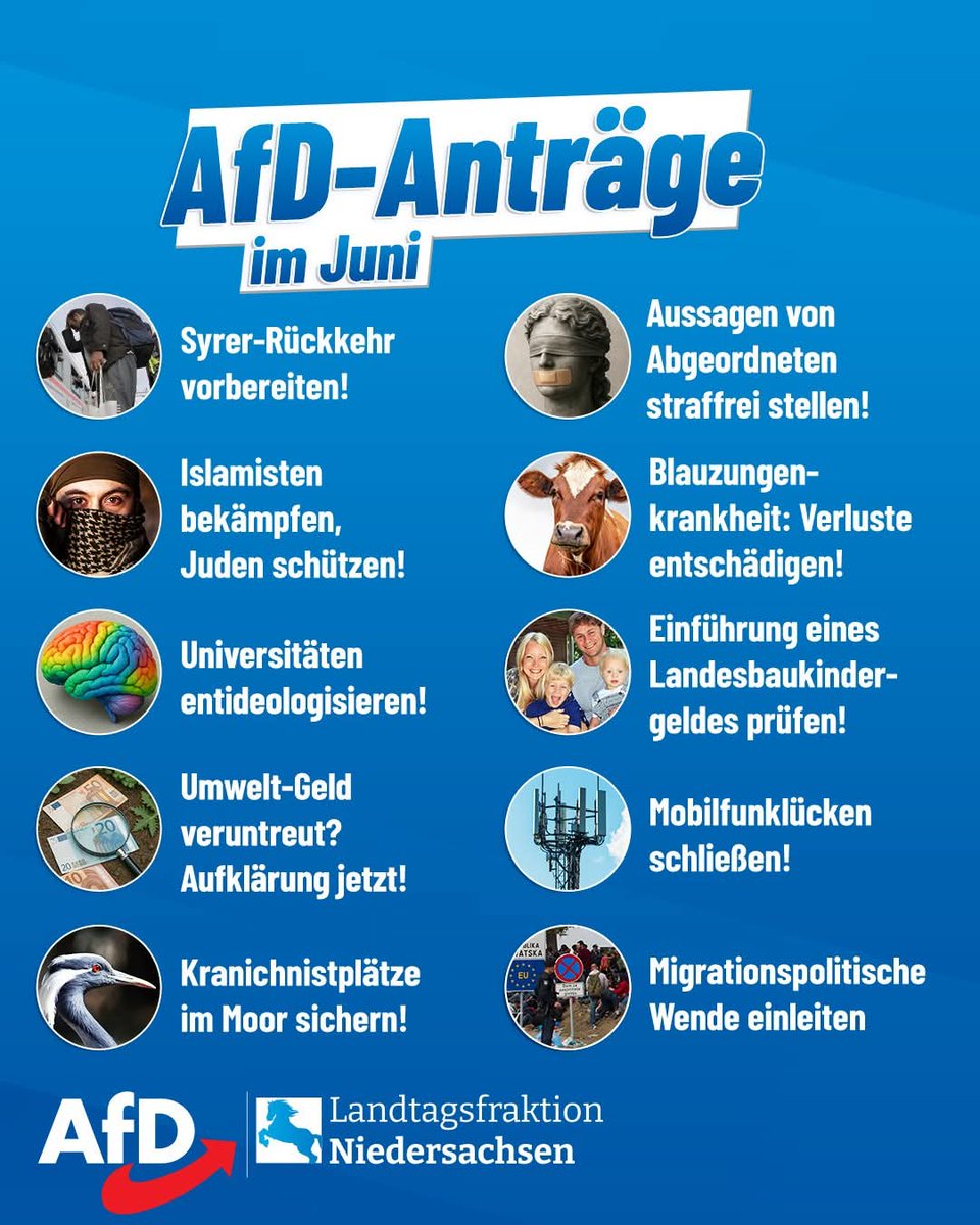 ++ Klare Kante: Unsere AfD-Anträge im Juni ++

Auch diesen Monat fahren wir als #AfD-Fraktion im Niedersächsischen Landtag mit zahlreichen Initiativen auf!

So fordern wir unter anderem, die strafrechtliche Verfolgung von Äußerungen durch Abgeordnete auch außerhalb des Parlaments