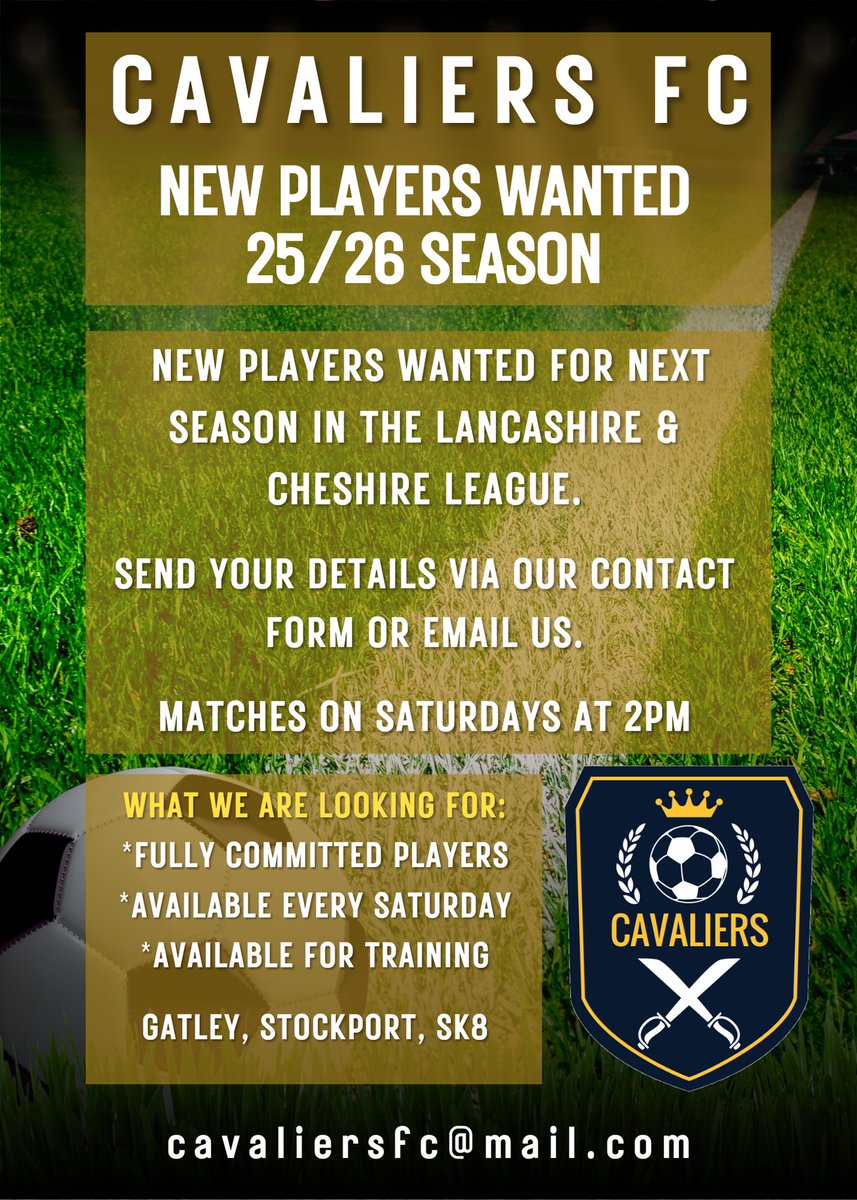 New players wanted for 2025/26.

We are looking for players for the new football season. If you are interested in joining us, please get in touch via email or via our contact form at this link:  tally.so/r/mDd8Xp