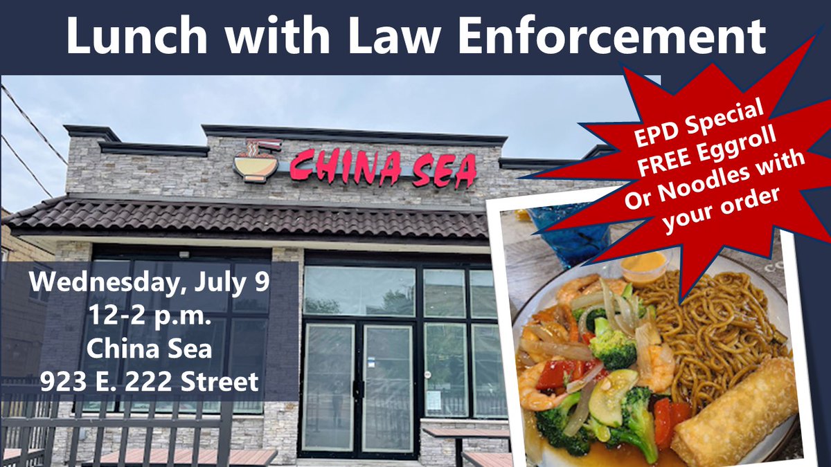 Euclid_PD's tweet image. Join EPD Officers for our second Lunch with Law Enforcement at China Sea on E. 222 Street. Free Eggroll or Noodles with your order when you come dine with us between 12 Noon and 2 p.m.  #EuclidPD #Eggroll #Noodles