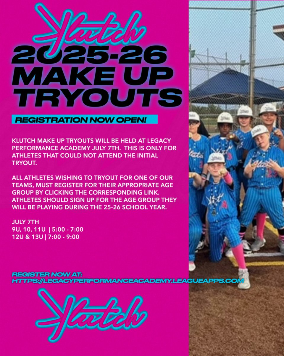 stllpa's tweet image. Klutch Make Up Tryouts are for anyone that was unable to attend the first tryout in June.  Athletes must register in advance to attend.  …gacyperformanceacademy.leagueapps.com