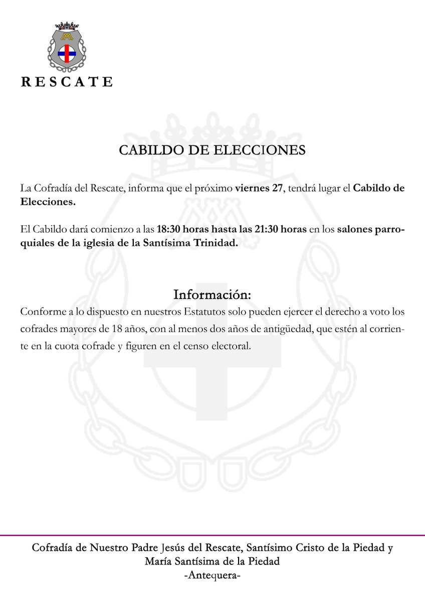 RescateATQ's tweet photo. 🔴🔵 CABILDO DE ELECCIONES

La Cofradía del Rescate, informa que el próximo viernes 27, tendrá lugar el Cabildo de Elecciones.

El Cabildo dará comienzo a las 18:30  hasta las 21:30 horas, en los salones parroquiales de la iglesia de la Santísima Trinidad. https://t.co/21vjLT5H1v