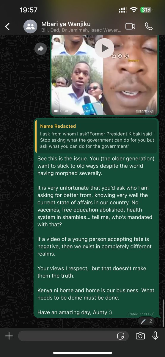 Mkae mkijua hii vita ya bad governance tunapigana home and away.

Msiogope kuinject mpaka nyumbani.

I shared a video in our extended family WhatsApp group before hitting the streets and the response was rather appalling!

We shall educate these oldies by whatever means!