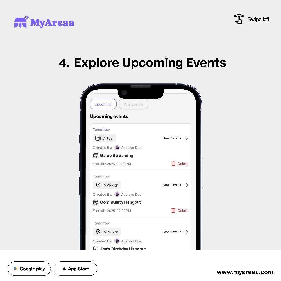 MyAreaa_inc's tweet image. Say goodbye to scattered plans! 🗓️

Staying organized as a group has never been easier with MyEvents.

Are you ready to plan better, individually or as a community? 

Head to MyAreaa and tap into MyEvents today😉

#MyAreaa #MyEvents #PlanTogether #CommunityCalendar #Community