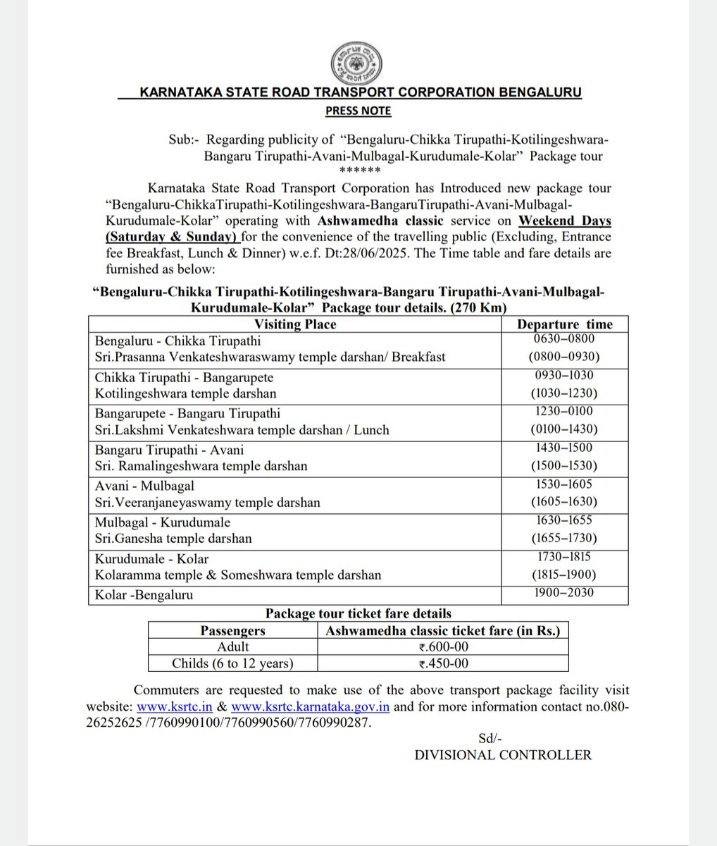 ChristinMP_'s tweet photo. . @KSRTC_Journeys launches weekend package tour from Bengaluru to Chikka Tirupathi, Kotilingeshwara, Bangaru Tirupathi, Avani, Mulbagal, Kurudumale &amp; Kolar (270 km) via Ashwamedha Classic bus.Fare: ₹600 (adult), ₹450 (child).Starts 28 June. https://t.co/UbRCVkA6kK 080-26252625 https://t.co/jtjw9aHtrm