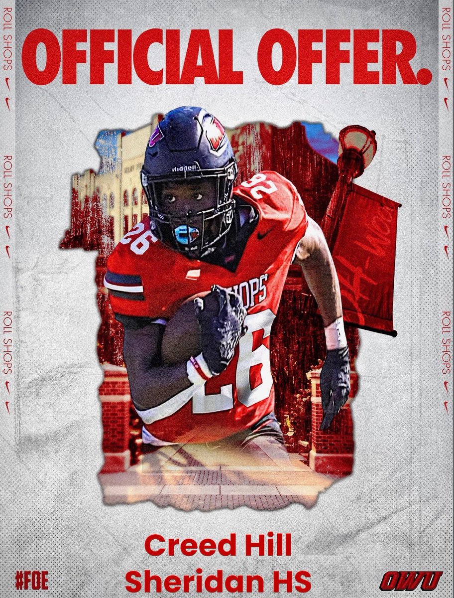 Creed Hill (@creedhill77) on Twitter photo I’m excited to receive an official offer from <a href="/OWUFB/">Ohio Wesleyan University Football</a>!
<a href="/RMA_Strength/">Sheridan Strength</a>
<a href="/RMA_RedRageFB/">Sheridan Generals Football</a>
<a href="/no_paculver/">Paul Culver III</a>
<a href="/CoachKvrucker/">Coach Rucker</a>
<a href="/CoachTomWatts/">Tom Watts</a>
<a href="/JaredLuginbill/">Jared Luginbill</a> I’m excited to receive an official offer from <a href="/OWUFB/">Ohio Wesleyan University Football</a>!
<a href="/RMA_Strength/">Sheridan Strength</a>
<a href="/RMA_RedRageFB/">Sheridan Generals Football</a>
<a href="/no_paculver/">Paul Culver III</a>
<a href="/CoachKvrucker/">Coach Rucker</a>
<a href="/CoachTomWatts/">Tom Watts</a>
<a href="/JaredLuginbill/">Jared Luginbill</a>